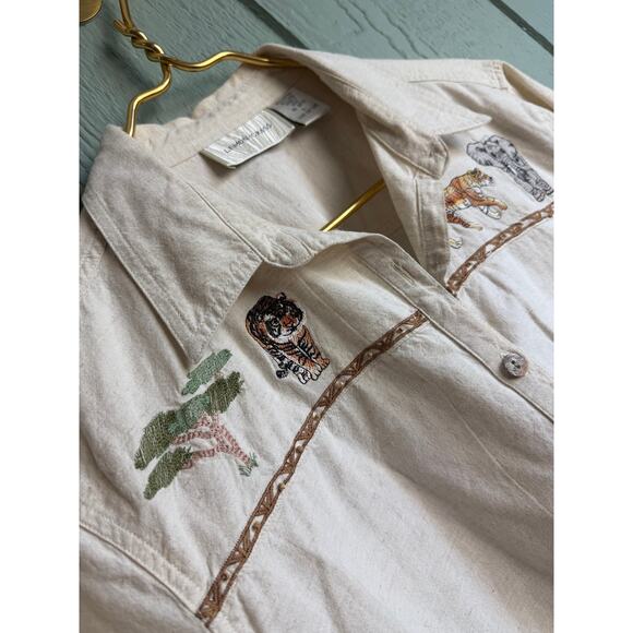 Vintage Safari Animal Embroidered Shirt Women’s Large Linen Cotton Blend - Picture 2 of 5
